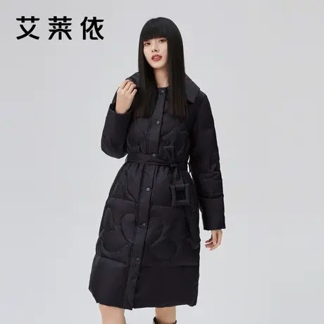 艾莱依新款长款羽绒服女士秋冬季时尚收腰可拆卸腰带翻领防寒外套图片