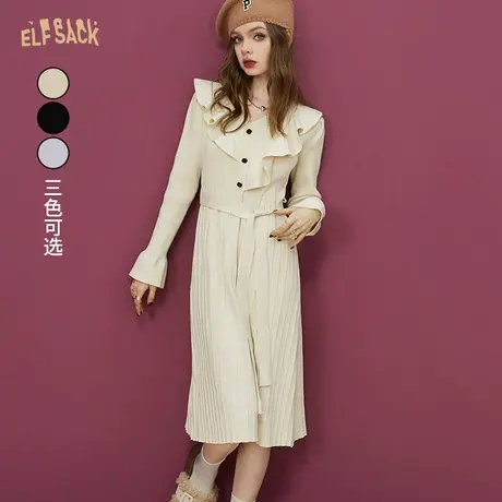 妖精的口袋荷叶边针织连衣裙女2022秋冬季新款长袖紧身打底小黑裙商品大图