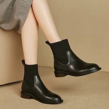 牛皮靴子女2024新款秋冬季单靴真皮加绒复古经典风矮粗跟显瘦短靴商品大图