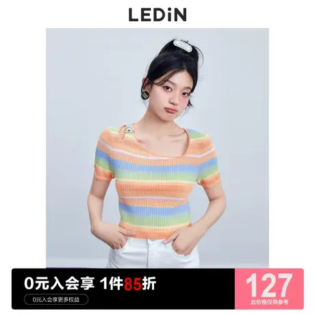 乐町条纹上衣女俏皮可爱彩虹休闲夏季新款修身冰丝短袖针织衫图片