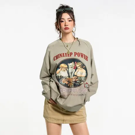 yep插肩袖美式复古卫衣女加绒oversize圆领上衣外套女款ins潮牌商品大图