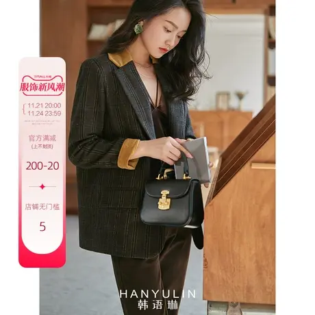 韩语琳秋冬新款港风复古宽松咖色撞色格纹毛呢西装外套女洋气商品大图