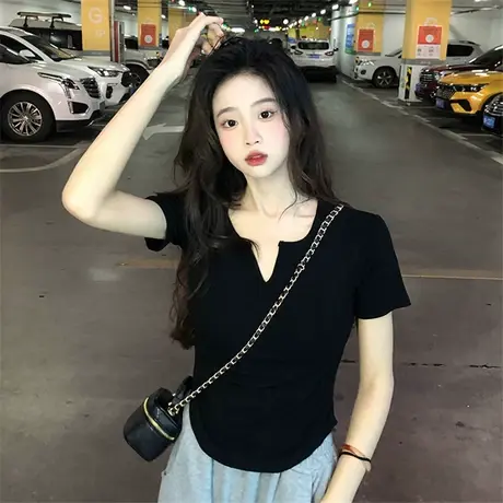 短袖t恤女白色紧身正肩短款体恤夏季新款半袖修身内搭打底衫上衣商品大图