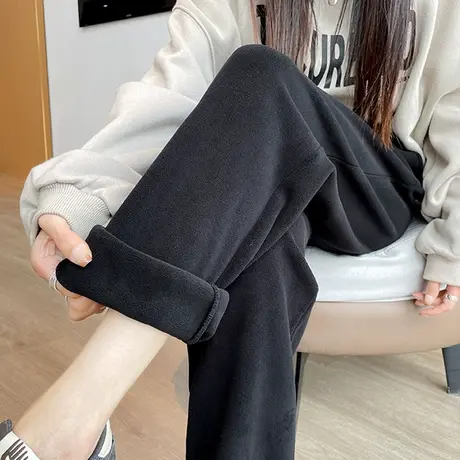 黑色加绒束脚运动裤女冬季宽松摇粒绒加厚直筒灯笼休闲小个子卫裤商品大图