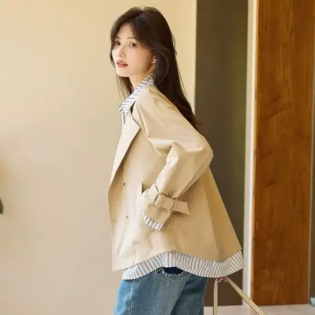 时尚气质通勤风2023秋季新款女装百搭长袖假两件西装领风衣外套商品大图