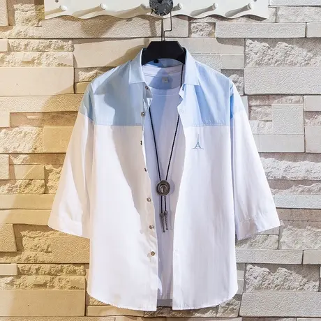 撞色拼接短袖衬衫男士夏季七分袖男寸衫外套青少年字母刺绣衬衣服商品大图