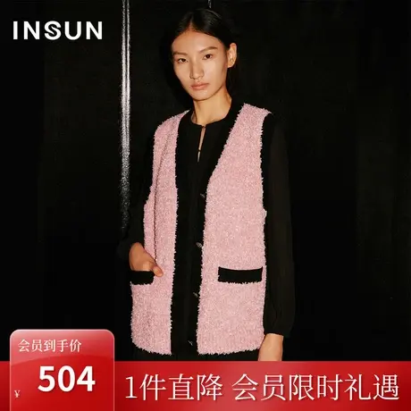 [小香风系列]恩裳COVER2023秋装撞色门襟优雅蝴蝶纱羊毛混纺马甲图片