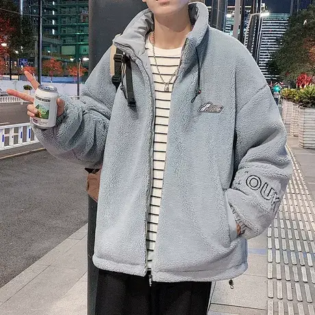 羊剪绒外套男秋冬季潮牌印花棉服夹克男士宽松加厚保暖颗粒绒棉袄商品大图