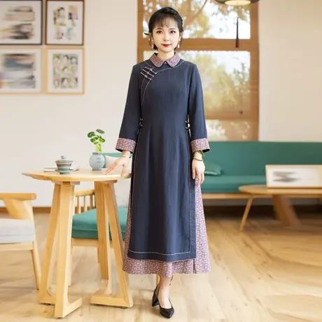 筠雅奥黛旗袍中国风改良年轻款少女新款连衣裙女长款裙子 23J224图片