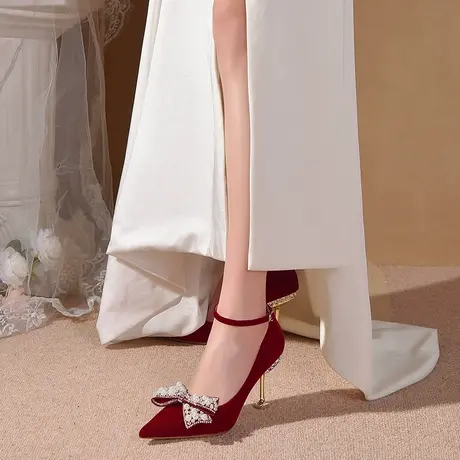 绑带酒红色婚鞋女2024新款春季法式秀禾服婚纱两穿水晶新娘高跟鞋商品大图
