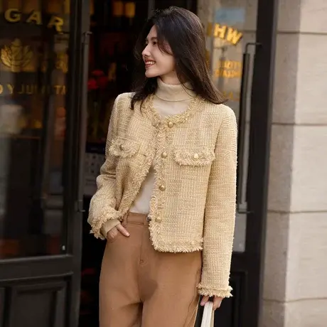 时尚气质外套2023年冬季新款女圆领小香风百搭高级加棉厚款上衣商品大图