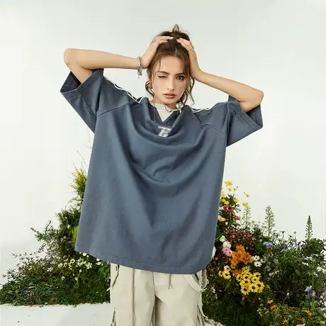 YEP男女同款美式复古T恤女字母刺绣插肩袖上衣oversize潮牌设计感商品大图