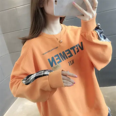 白色卫衣女春装2023年新款韩版宽松设计感时尚格子拼接假两件上衣图片