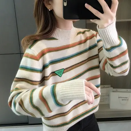 半高领毛衣女士秋冬季2023新款条纹针织衫洋气宽松打底衫减龄上衣商品大图