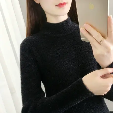 秋冬新款加厚半高领毛衣打底衫女长袖仿水貂绒针织衫上衣修身内搭商品大图