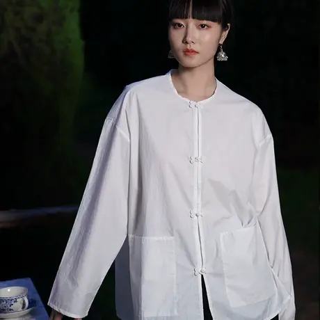 白色衬衫纯棉2023新中式宽松长袖衬衣女法式气质圆领薄款小众上衣商品大图