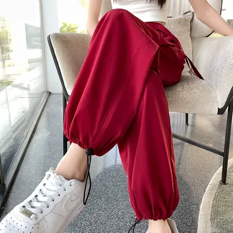 速干工装裤女夏季薄款高腰显瘦束脚红色两穿显瘦休闲直筒阔腿裤子商品大图