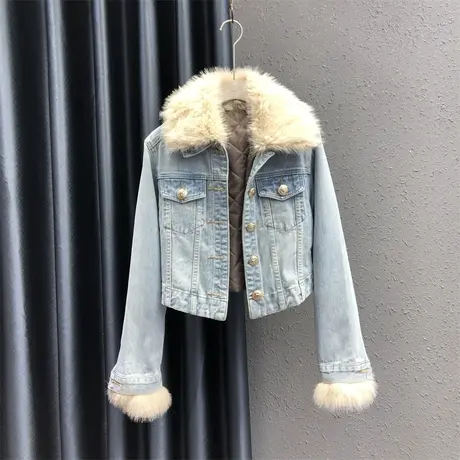 港风个性毛领上衣女23秋冬新款浅蓝色单排扣休闲百搭加绒牛仔外套商品大图