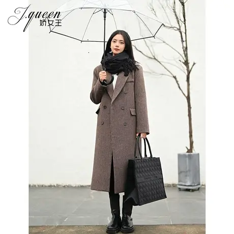 毛呢外套女中长款秋冬加厚加棉韩版复古气质人字纹双排扣呢子大衣图片