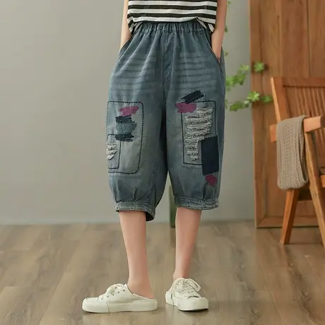 dza 复古刺绣破洞牛仔裤女2023夏五分休闲裤哈伦裤宽松显瘦直筒裤图片