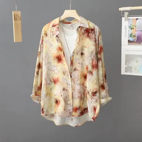 印花沙滩防晒衫女衬衫薄款长袖户外防晒衣外套宽松夏季开衫薄上衣商品大图