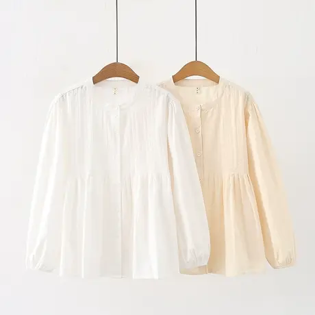 日系复古小众设计感重工压褶长袖衬衫女宽松显瘦气质娃娃衫上衣商品大图