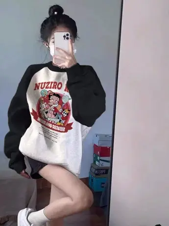 美式复古插肩袖卫衣女2023春秋薄款宽松设计感小众上衣慵懒风外套图片