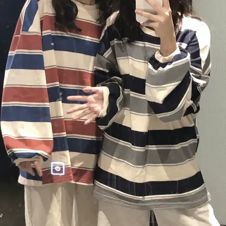 ins超火新款流行条纹长袖T恤女春秋暗黑风中长款撞色学生宽松上衣图片