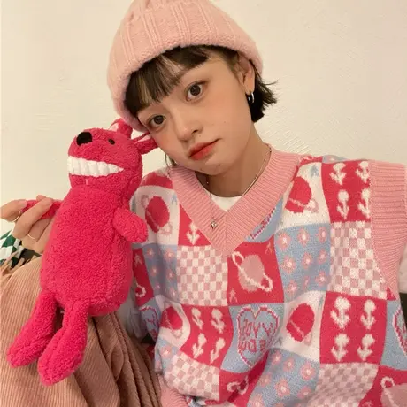 红续粉色格子V领马甲女甜妹少女风叠穿外搭针织衫2023年秋冬新款图片