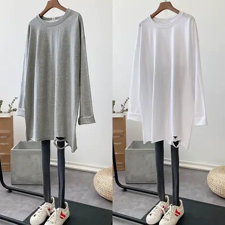 白色长袖t恤女秋冬韩版ins潮下摆破洞宽松中长款百搭打底衫上衣服图片