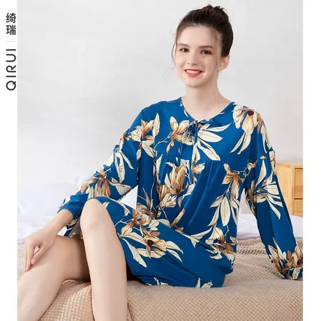 绮瑞春秋女莫代尔棉睡裙长袖印花中国风家居服优雅宽松女秋款睡衣图片