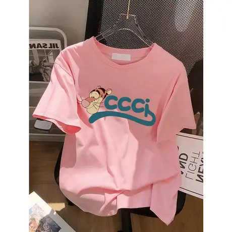 韩系chic大码纯棉t恤女ins港味宽松短袖oversize粉色显瘦上衣夏季商品大图