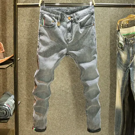 欧洲站烟灰色牛仔裤男款高端大牌修身小脚裤潮牌青年休闲百搭裤子商品大图