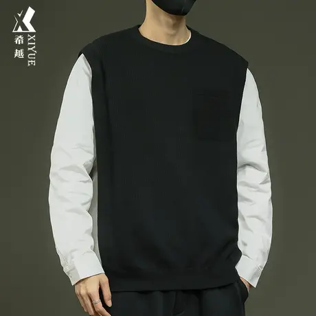 重磅12针假两件保暖毛衣男秋冬季美式宽松大码男士圆领针织打底衫商品大图