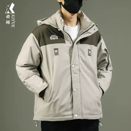 希越新国标90%白鸭绒男羽绒服冬季拼接撞色工装连帽外套宽松大码商品大图