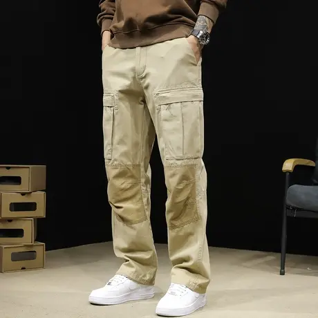 美式秋季工装裤男士直筒男裤拼色2023新款宽松大码潮牌男款休闲裤商品大图