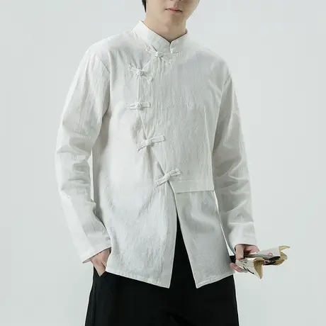 2023秋季男长袖衬衫中国风个性斜襟加肥加大码盘扣衬衣休闲上衣服商品大图