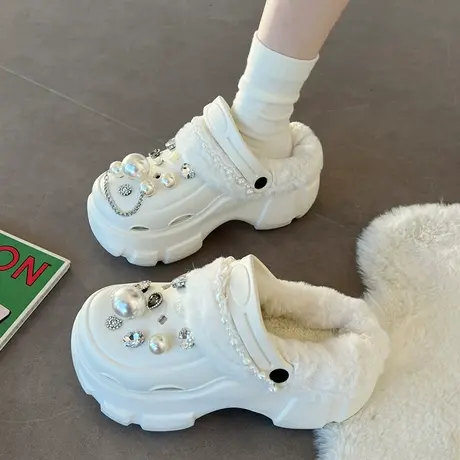 加绒洞洞鞋女款冬季2023新款保暖外穿防滑增高厚底踩屎感棉拖鞋子商品大图