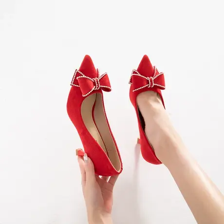 红色高跟鞋女细跟2024年春季新款尖头百搭新娘鞋性感浅口气质单鞋商品大图