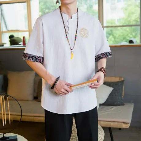 刺绣亚麻短袖T恤男夏季胖子大码半袖中国风男装宽松唐装棉麻上衣商品大图