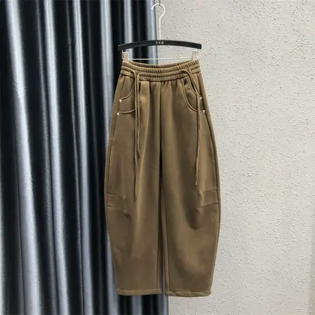 2023秋冬新款咖啡色松紧腰休闲运动风宽松加绒加厚阔脚哈伦长裤女商品大图