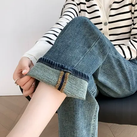 复古加绒九分直筒牛仔裤女2023冬季新款加绒加厚小个子九分阔腿裤商品大图
