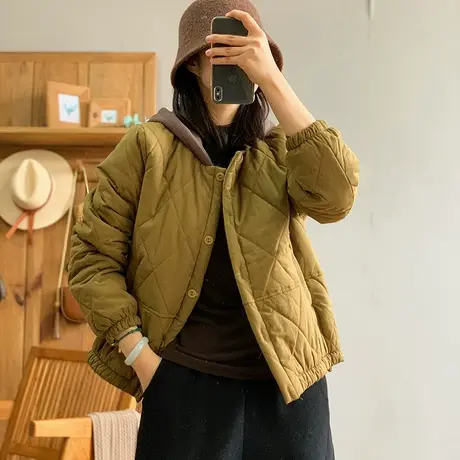 dza 复古短款加厚菱格棉衣外套女冬保暖漂亮棉服上衣宽松连帽棉袄商品大图
