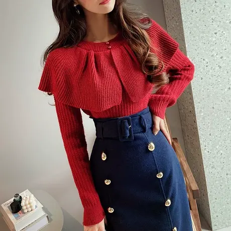 粉红大布娃娃2022新款ins风气质荷叶领针织衫酒红色套头上衣女春商品大图