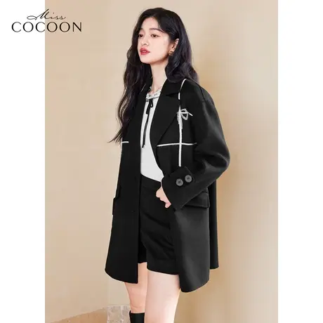 miss COCOON黑色毛呢外套女2022新款秋冬装宽松百搭双面羊毛大衣商品大图