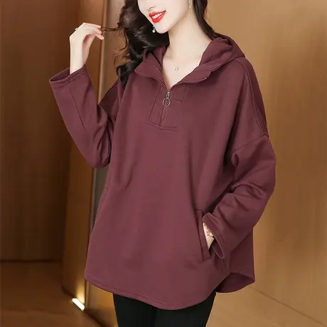 胖妈妈休闲拉链连帽卫衣女春秋季宽松加大码女装纯色百搭显瘦上衣商品大图