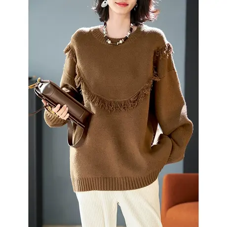 宝诗黎圆领流苏慵懒风毛衣新款宽松百搭针织上衣2024春季简约女装图片