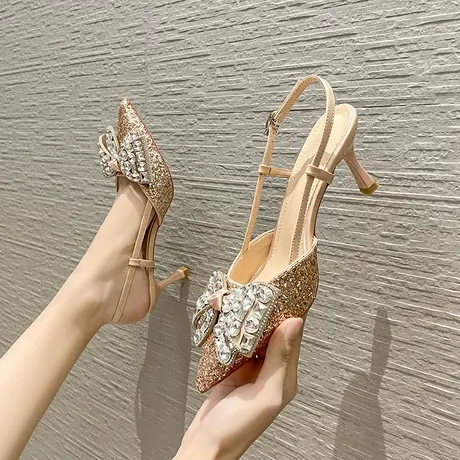 香槟色高跟鞋女2024年新款春季蝴蝶结水钻后空包头一字扣细跟单鞋商品大图