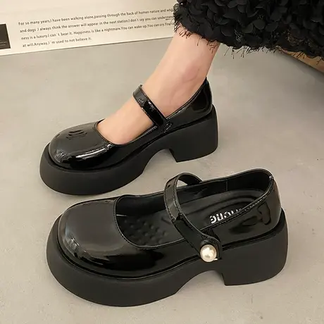 复古玛丽珍女鞋2024新款一字带厚底粗跟高跟鞋真皮英伦风小皮鞋商品大图