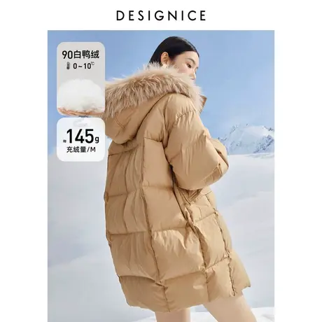 迪赛尼斯冬装新款静奢风白鸭绒脱卸貉子毛加厚中长泡芙羽绒服女图片